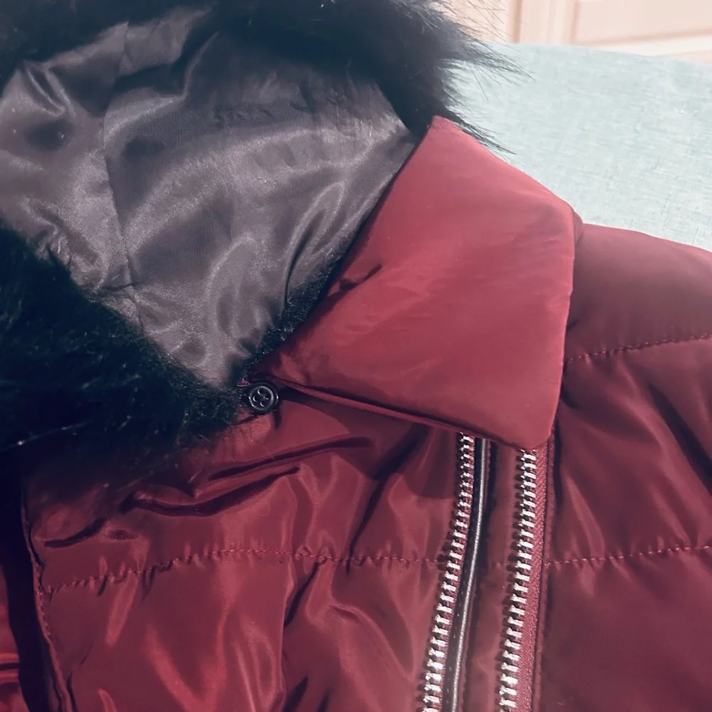 Karl Lagerfeld Paris Faux Fur Collar Puffer Jacket in Oxblood - Picture 6 of 15